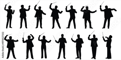 Assortment of Orchestra Conductors Silhouettes in Action with Batons Keywords: orchestra conductor, silhouette, music