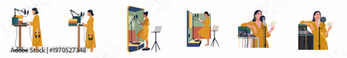 Set of flat vector illustrations depicting a woman podcasting, recording voice-over, and hosting a radio show in a professional studio setting.