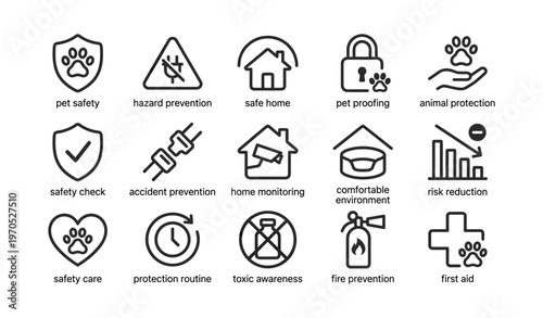 Pet safety and home protection icons for hazard prevention and risk reduction