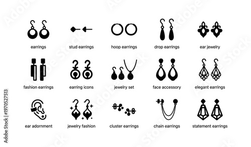 Various earring styles: stud, hoop, drop, cluster, and chain jewelry icons