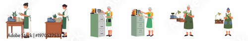 Flat vector illustration set of female small business owners managing finances, cash transactions, and bookkeeping in various retail and office settings.