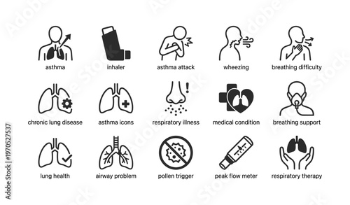 Asthma and respiratory icons: inhaler, lungs, breathing support