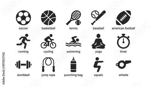 Icons representing various sports and fitness activities in black and white