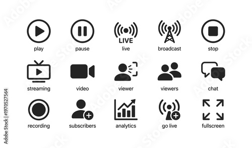 Streaming and broadcasting icons: play, live, pause, video, chat, analytics