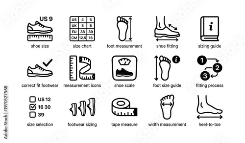 Shoe size guide icons featuring foot measurement and fitting process