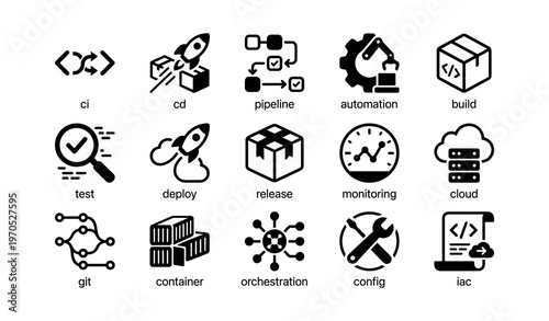 Devops icons: ci cd pipeline automation and cloud monitoring tools
