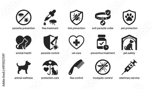 Pet health protection icons for parasite prevention and veterinary care