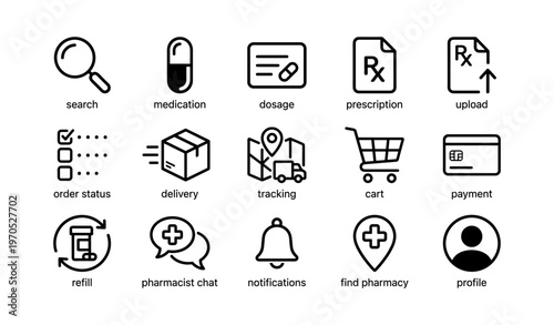 Healthcare app icons: search, prescription, delivery, notifications, profile