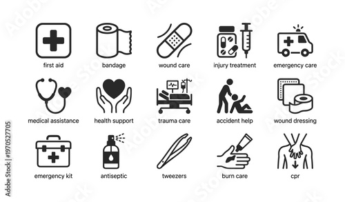 Icons of first aid essentials and emergency medical care