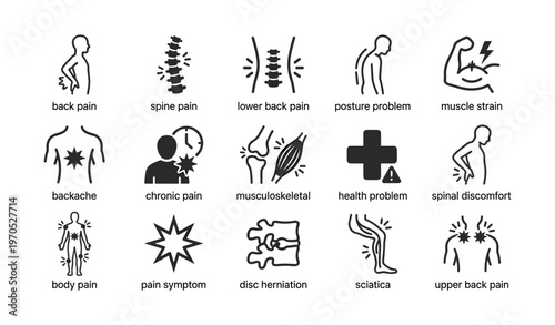 Icons illustrating various types of back pain and related health issues