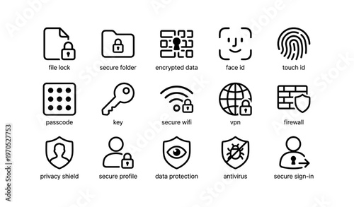 Collection of security icons: lock, face id, vpn, antivirus, firewall