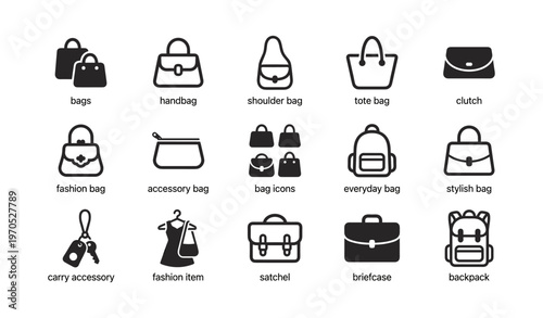Icon set of various bag types: handbag, backpack, tote, clutch, satchel