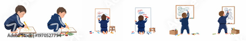 Set of illustrations showing a toddler boy in a tracksuit drawing and scribbling on boards in various stages of growth and poses.