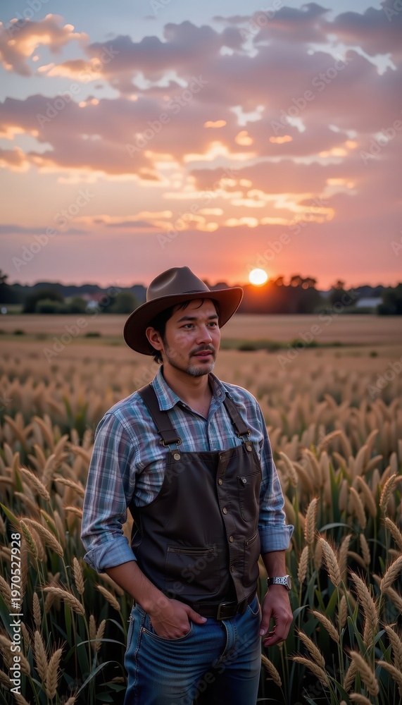 Fototapeta premium Farmer admiring a vibrant sunset over a golden wheat field, peaceful twilight moment