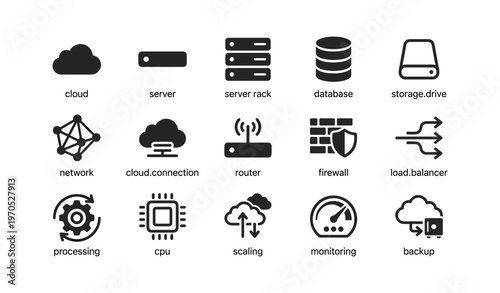 Cloud computing and networking icons: server, database, security, connectivity, backup