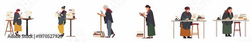 Vector set of female researchers, writers, and scholars working with books and documents in archives and libraries, in a flat illustration style.