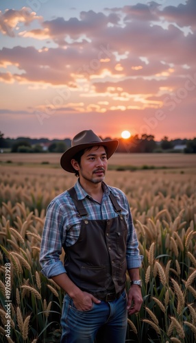 Farmer admiring a vibrant sunset over a golden wheat field, peaceful twilight moment