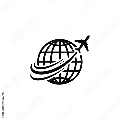 An airplane flies around the globe in a curved path.