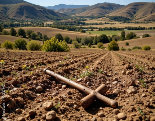 Timeless Furrows: A Worn Plow Rests in the Sun-Drenched Farmland, Evoking a Bygone Era of Agriculture