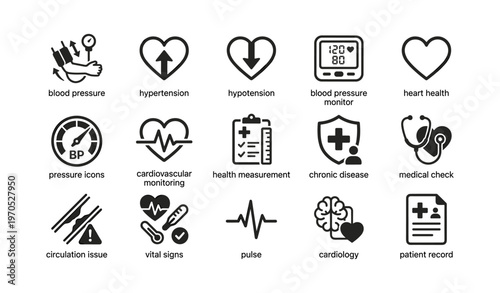 Medical icons: blood pressure, heart health, cardiovascular monitoring, cardiology, patient records