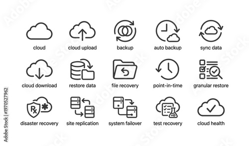 Cloud data management icons for backup and recovery solutions
