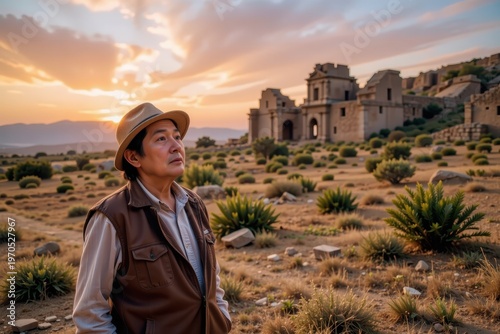 Elderly Farmer Gazes at Ancient Ruins Under a Dreamy Sunset, Fantasy Landscape