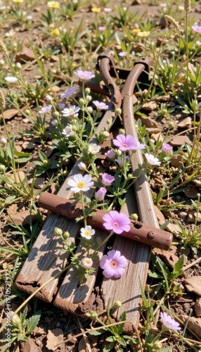 Windswept meadow wildflowers reclaiming ancient, rusted farm implement, symbol of nature's restoration.