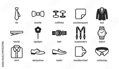 Men's fashion accessories: tie, bowtie, cufflinks, suit, watch, belt, shoes, more