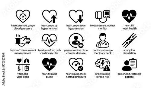 Medical icons: heart health, blood pressure, cardiovascular monitoring, chronic disease, stroke risk