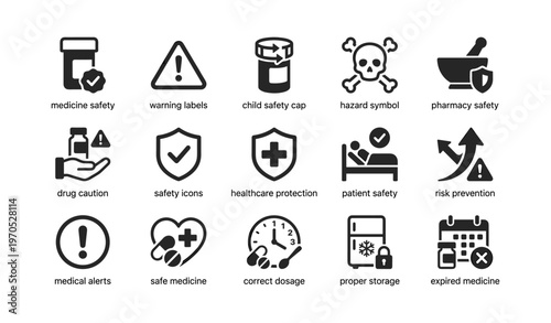 Medicine safety and warning icons: healthcare protection symbols