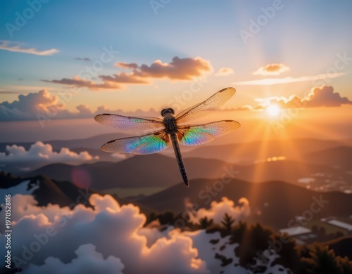 Majestic Dragonfly Soaring Above Hazy Mountains at Golden Hour, Ethereal Sunset Sky
