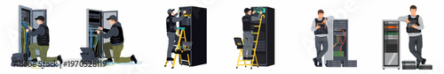 Flat vector illustration set of professional IT technicians and engineers maintaining, repairing, and managing server rack infrastructure in a modern data center environment.