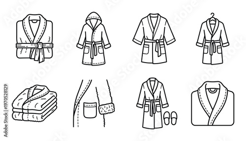 Assortment of stylized line art icons for bathrobes, towels, and slippers for loungewear and home textile