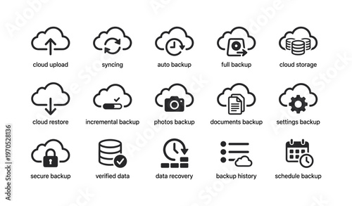 Cloud storage and backup icons featuring concepts like upload and sync