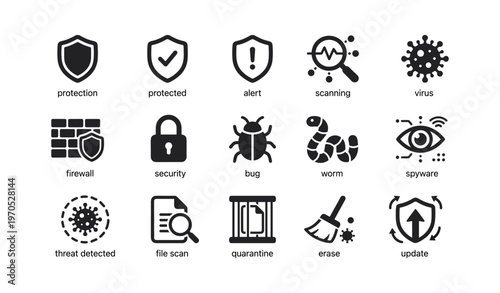 Cyber security icons set featuring virus, firewall, and protection symbols