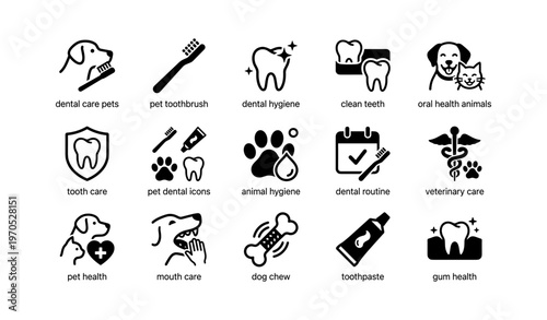 Dental care icons for pets and humans - hygiene, oral health, veterinary symbols