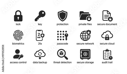 Security icons set: lock key protection private files secure document
