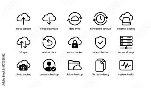 Cloud sync and backup icons: data security and storage solutions