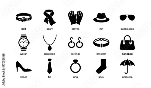 Fashion accessories collection: belts, scarves, gloves, hats, sunglasses, and more icons