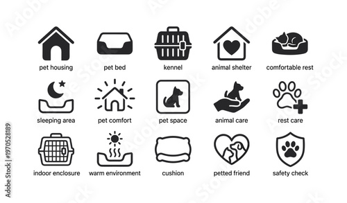 Pet housing icons: shelter, comfort, care, safety, rest options illustrated