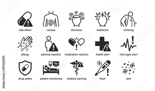Medical icons: side effects, health alerts, medication reactions, patient monitoring, drug safety