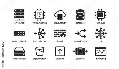 Set of data center and network infrastructure icons in black and white