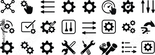 Collection of black icons for settings, tools, and processes on white background Keywords: settings, icons, tools, configuration