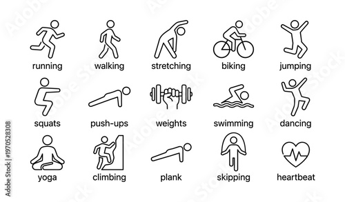 Illustrated exercise icons: running, walking, stretching, biking, jumping, and more