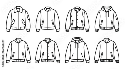 Bomber jacket and varsity coat line icons featuring hoodies flight jackets and letterman silhouettes