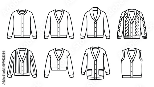 Cardigan flat outline vector icon set. different type sweaters icon. long sleeve top design