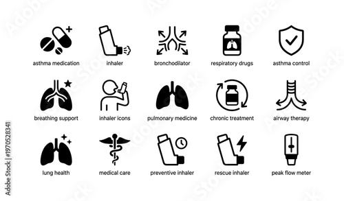 Asthma medication and inhaler icons for respiratory care and control