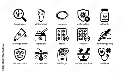 Medical icons for antifungal treatments and skin conditions including athlete's foot and ringworm