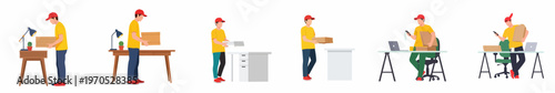 A collection of illustrations showing a courier delivering food and packages to various office desks and workstations.