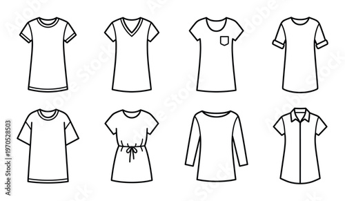 Casual t-shirt and tunic dress line icons for everyday fashion design and apparel retail marketing